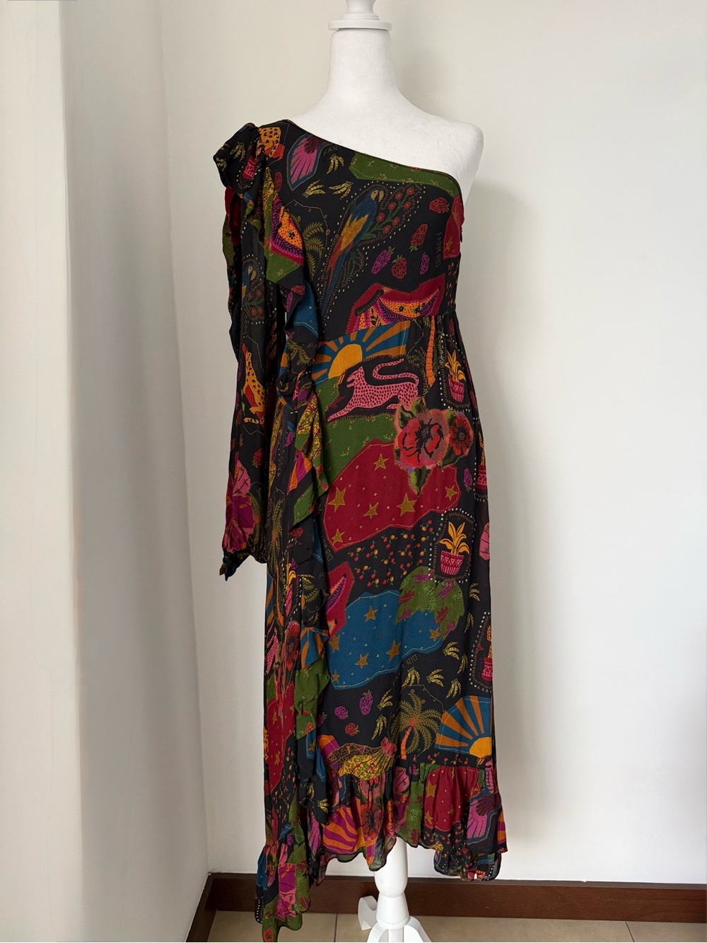 FARM Rio One Shoulder Ruffle Dress with Colorful Print